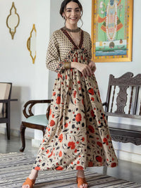Rustorange Women Beige & Orange Printed A-Line Dress