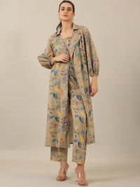 SANSKRUTIHOMES Beige Printed Pure Cotton Top With Trouser & Jacket
