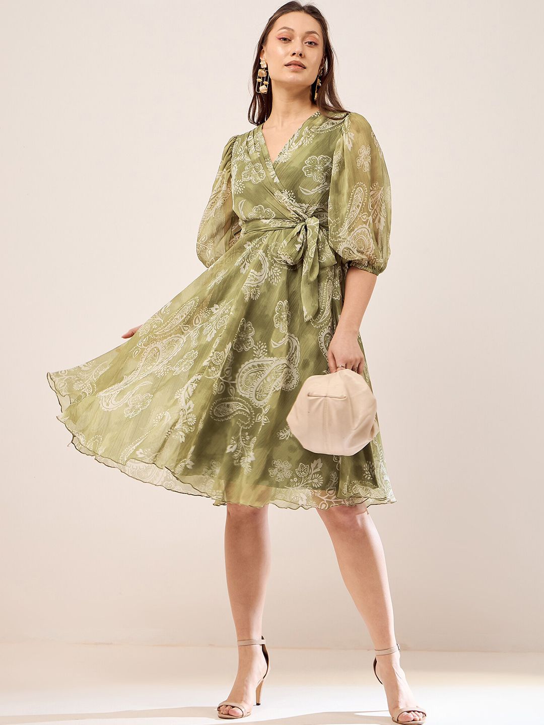 Antheaa Olive Green Floral Printed V-Neck Puff Sleeve Chiffon Wrap Dress