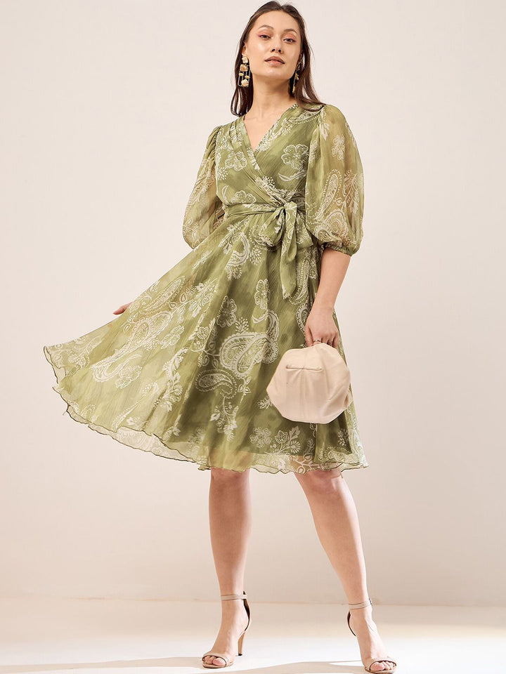 Antheaa Olive Green Floral Printed V-Neck Puff Sleeve Chiffon Wrap Dress