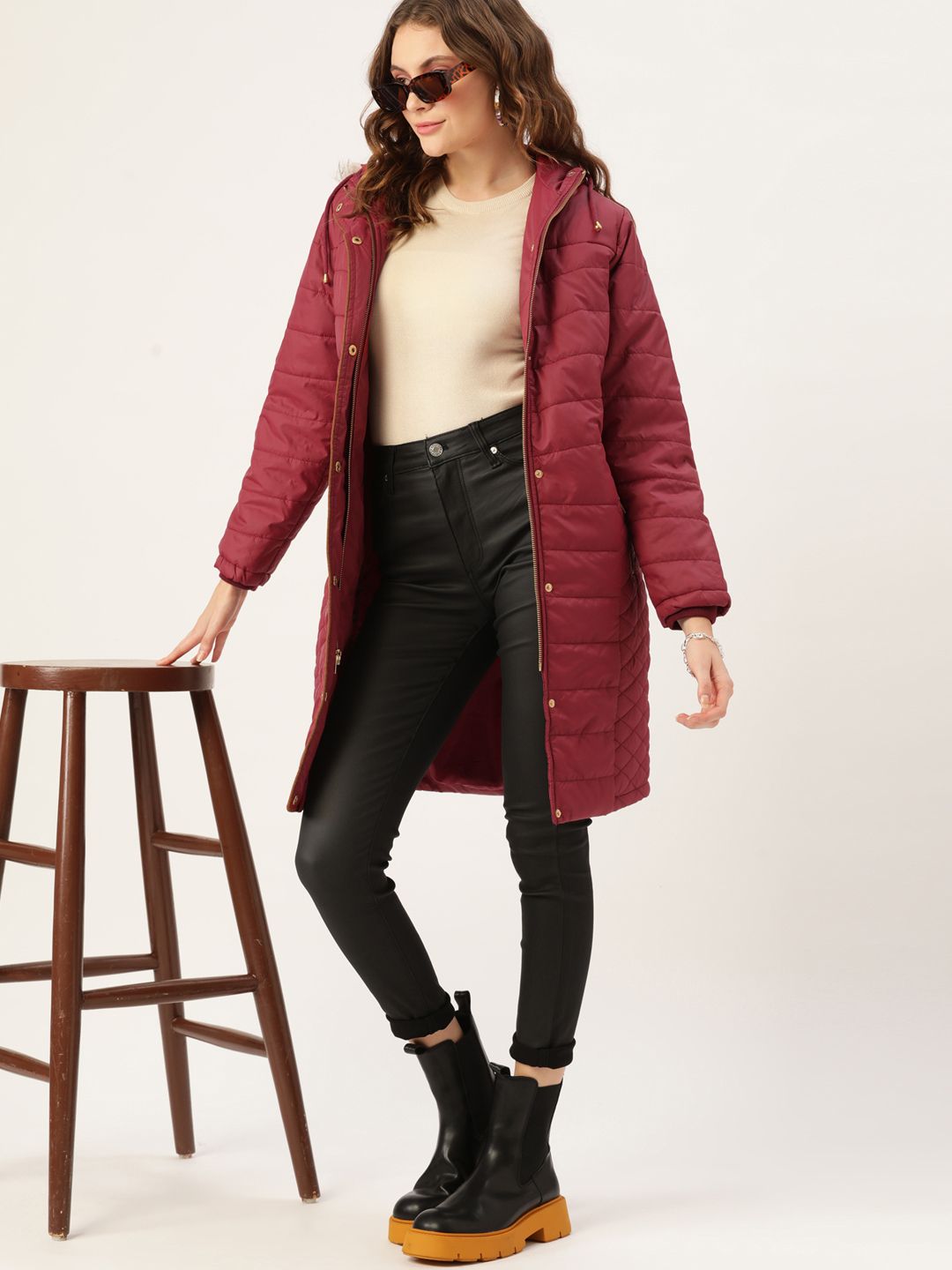 Dressberry Women Maroon Solid Hooded Longline Parka Jacket