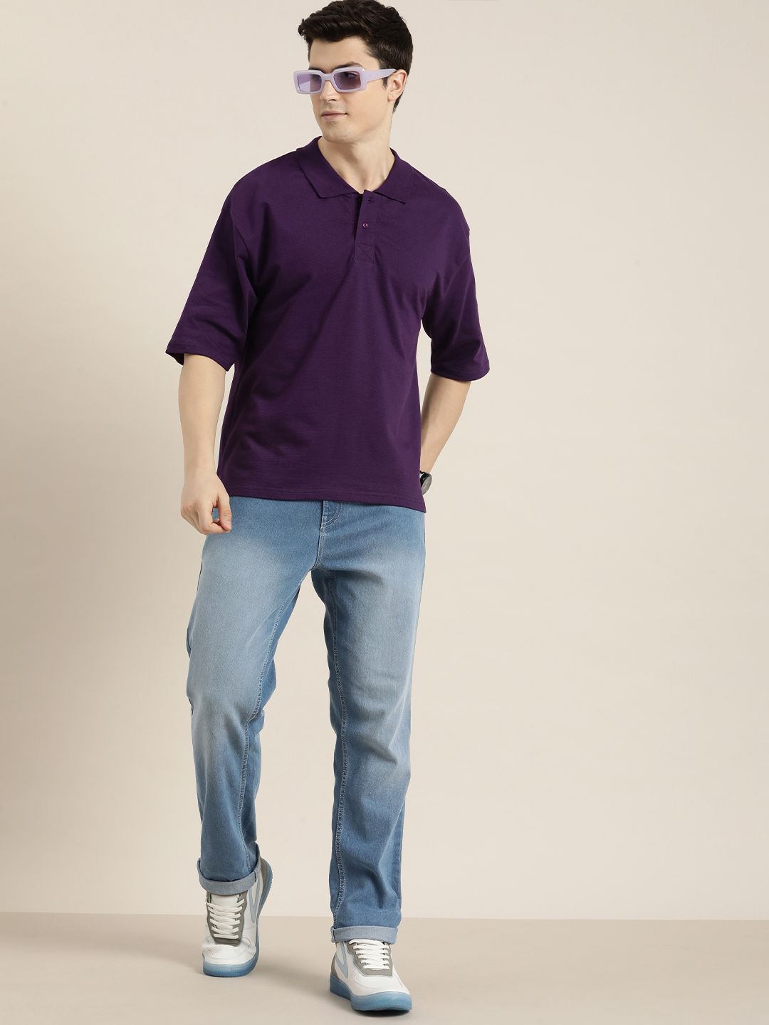 DILLINGER Men Solid Honeycomb Structure Oversized Cotton Polo T-Shirt