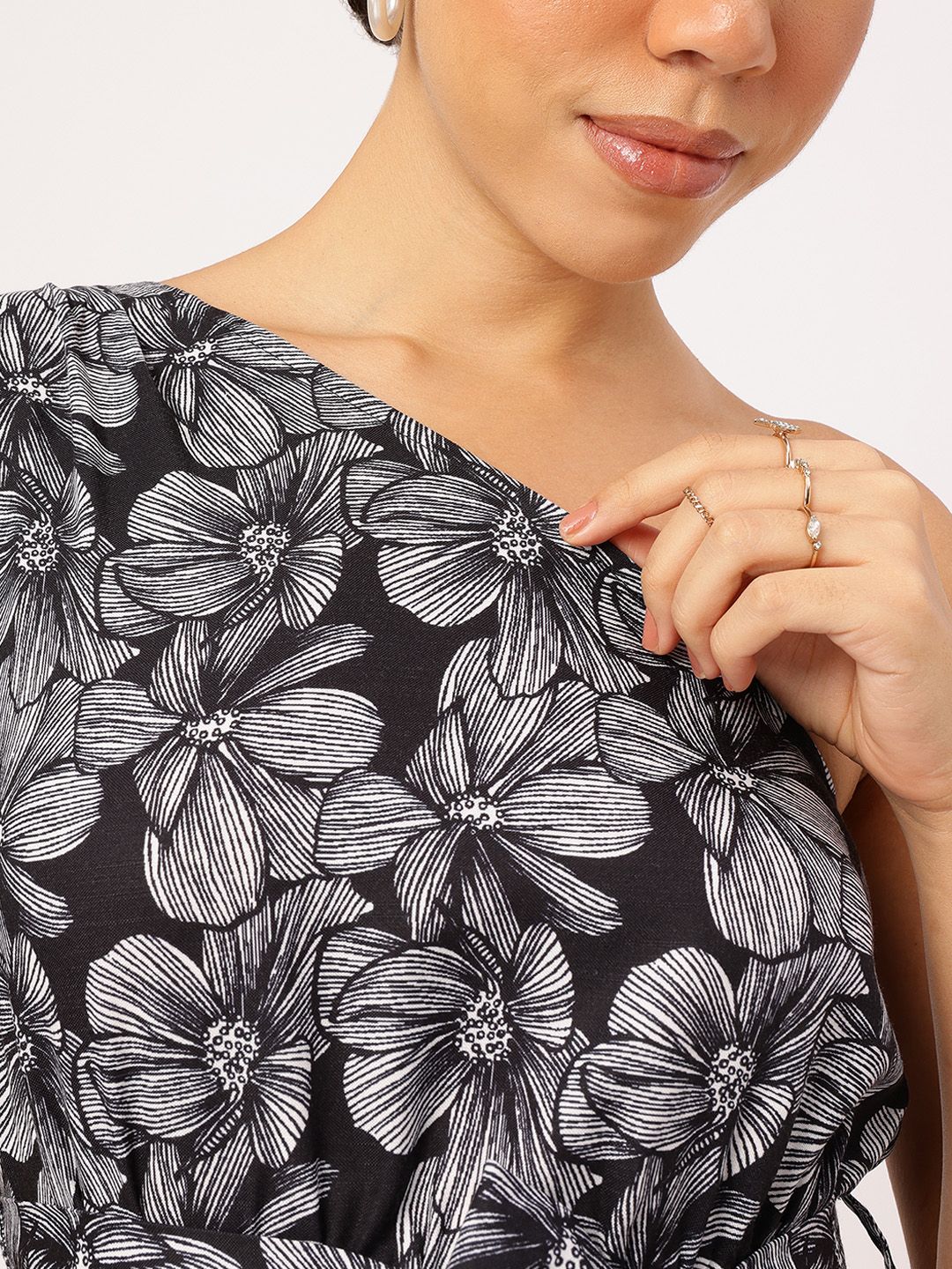 DressBerry Sketchy Monochrome One Shoulder Floral Tie-up Detailed Fit & Flare Dress