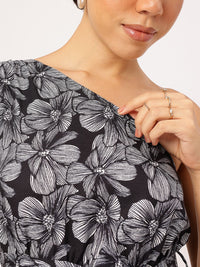 DressBerry Sketchy Monochrome One Shoulder Floral Tie-up Detailed Fit & Flare Dress