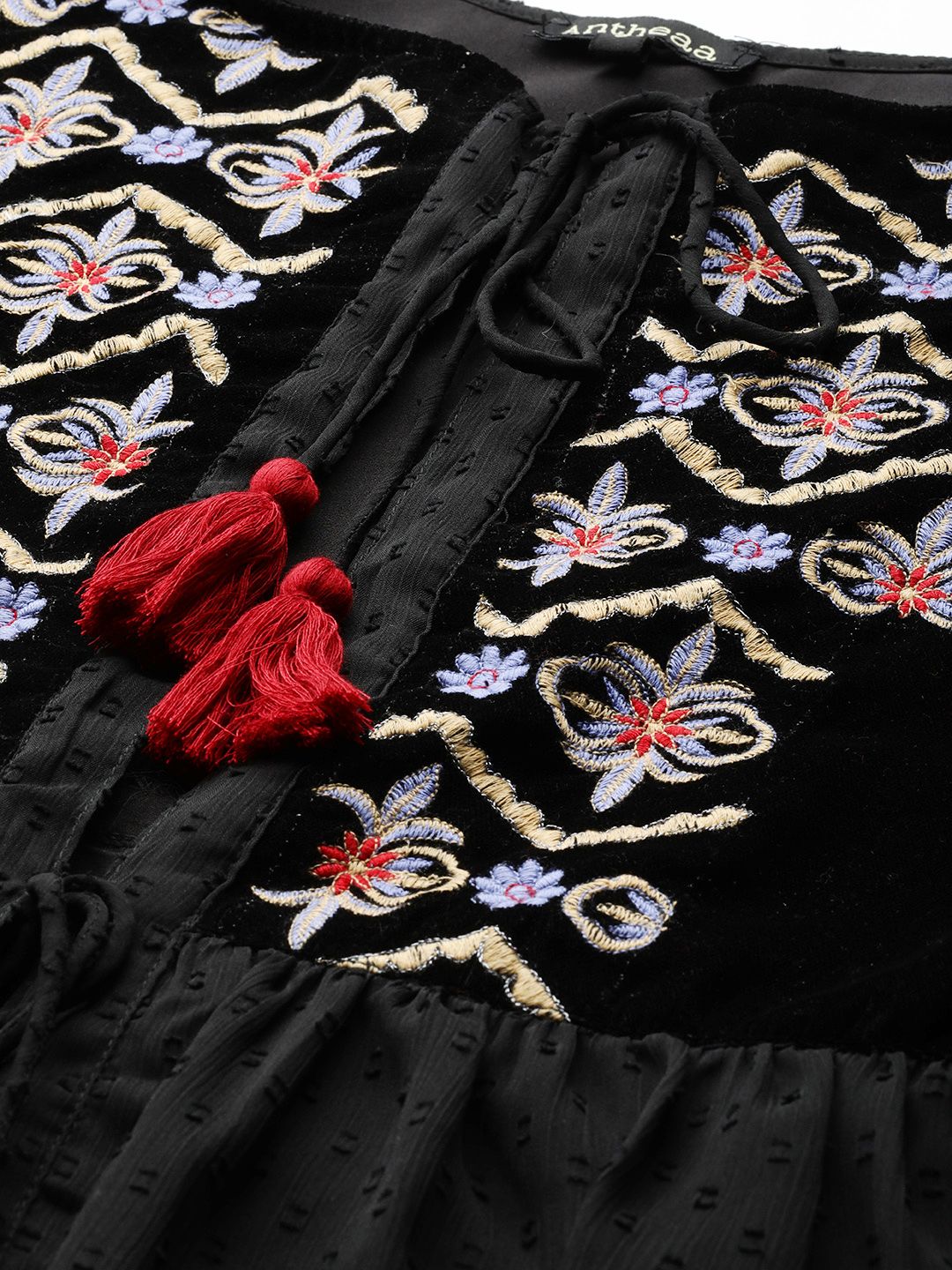Antheaa Women Black & Blue Embroidered Tie-Up Shrug
