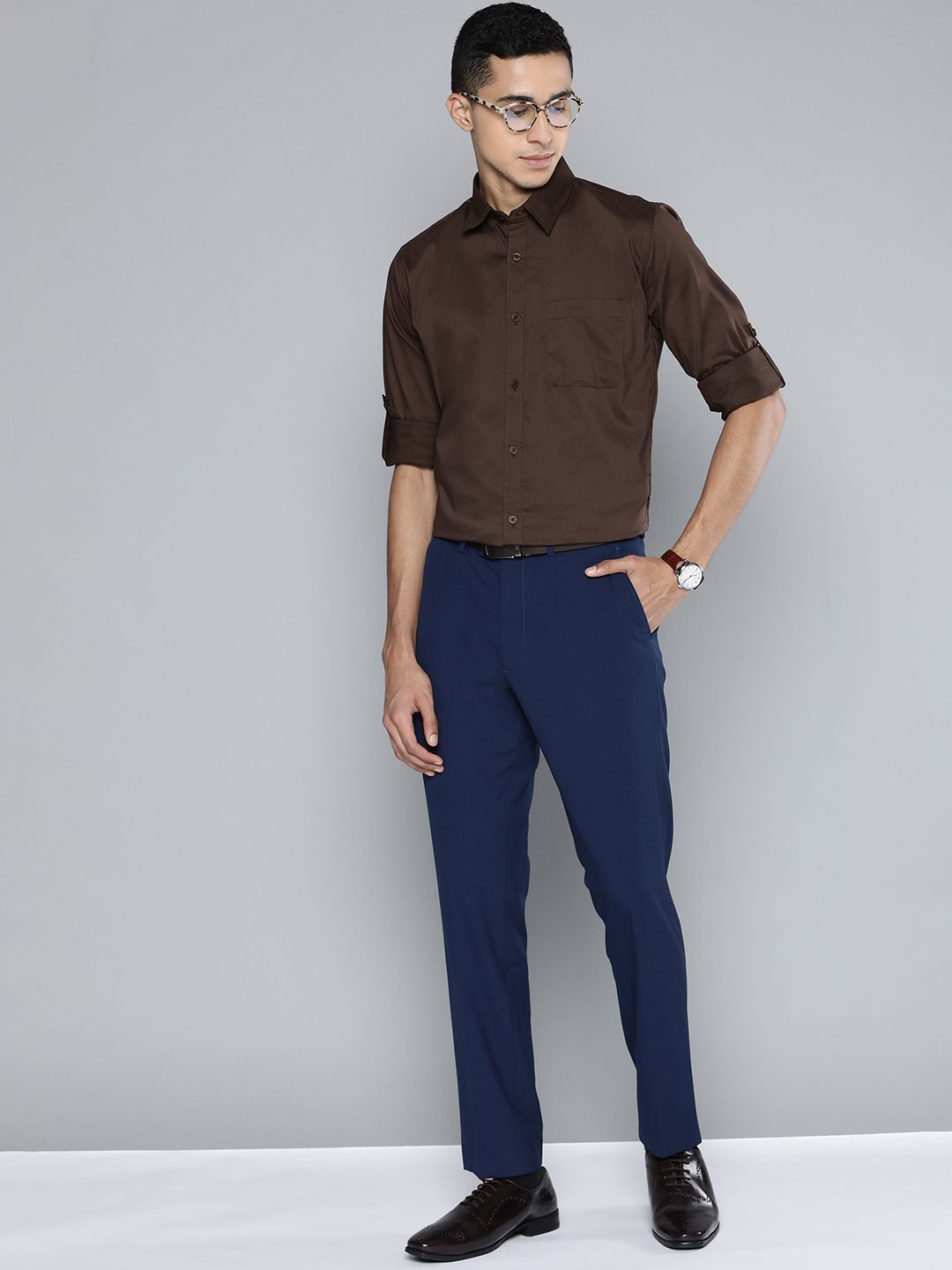 DENNISON Men Brown Solid Smart Slim Fit Stretchable Lycra Formal Shirt