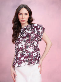 DressBerry Abstract Print Tie-Up Neck Flutter Sleeves Top with Ruffled Detail