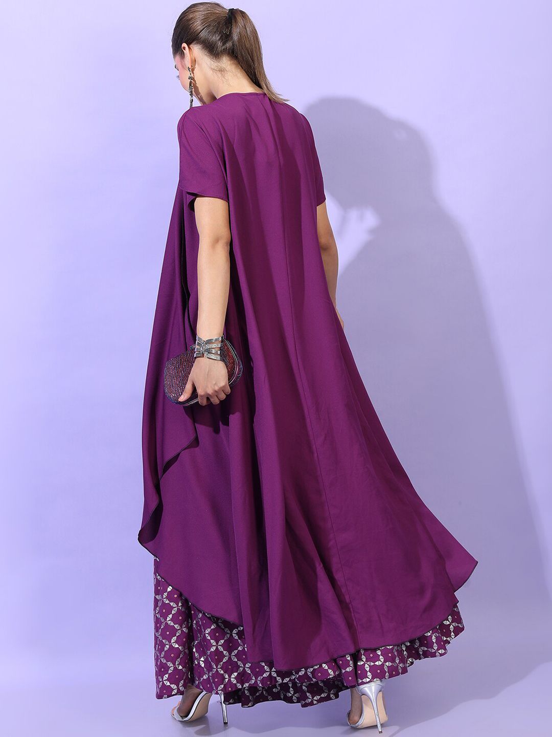 Vishudh Women Purple Panelled Kurti with Skirt & With Jacket