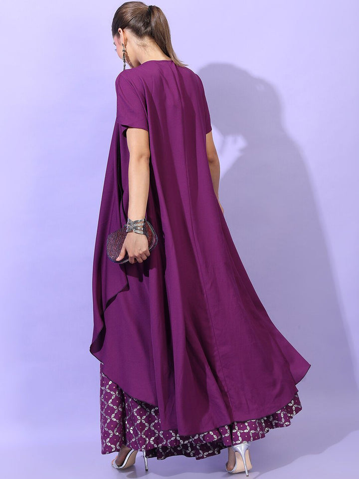 Vishudh Women Purple Panelled Kurti with Skirt & With Jacket