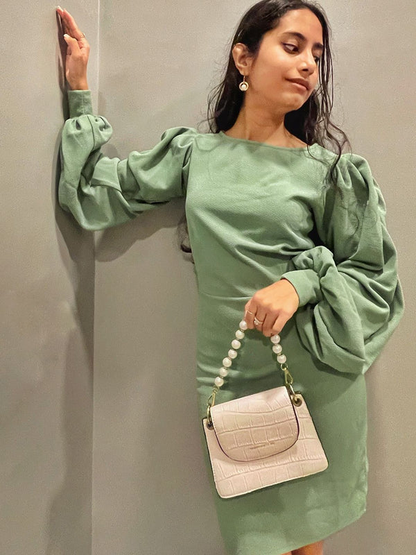 Athena Vintage Olive Green Puff Sleeves Bodycon Dress