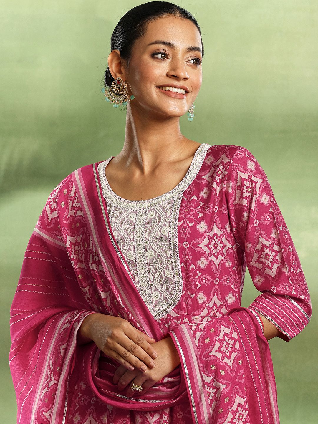 Libas Ethnic Motifs Printed Empire Thread Work Kurta with Churidar & Dupatta