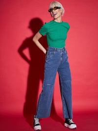 SASSAFRAS Women Navy Blue Straight Fit High-Rise Slash Knee Stretchable Jeans