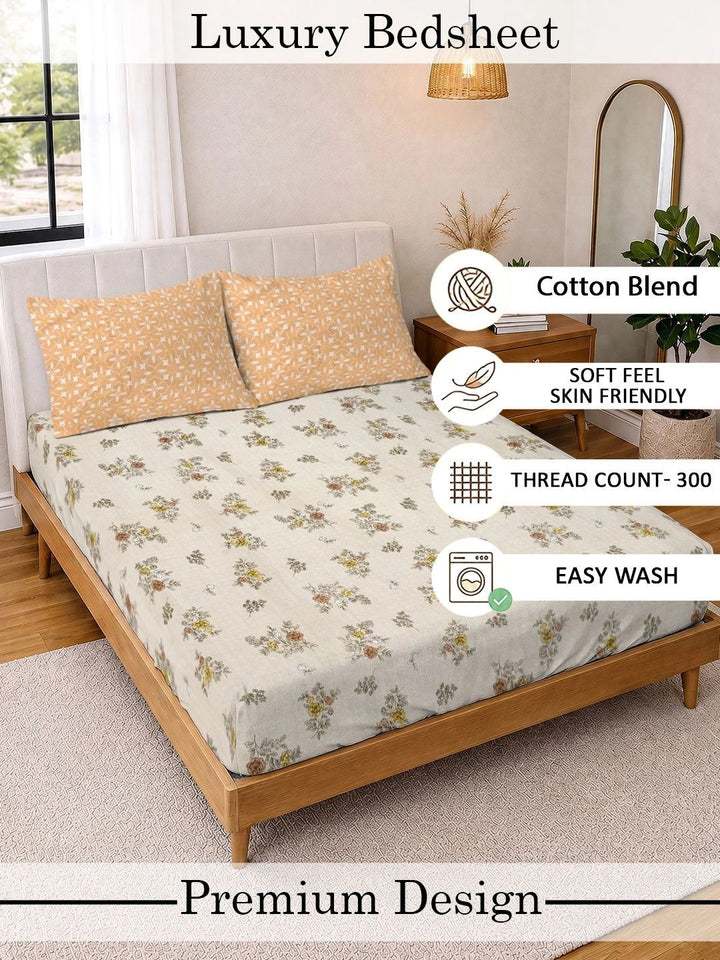 KLOTTHE Beige & Peach-Coloured Floral 300 TC King Bedsheet with 2 Pillow Covers