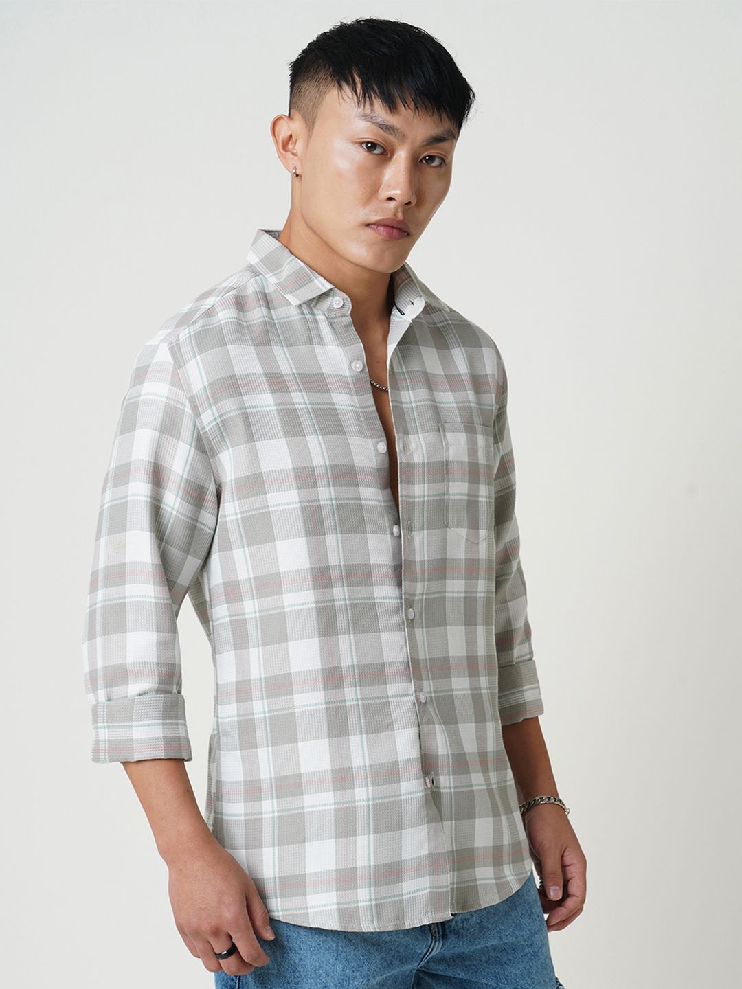 VASTRADO Men Classic Spread Collar Checked Cotton Slim Fit Casual Shirt