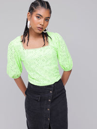 DressBerry Trendy Puff Sleeves Schiffli Top