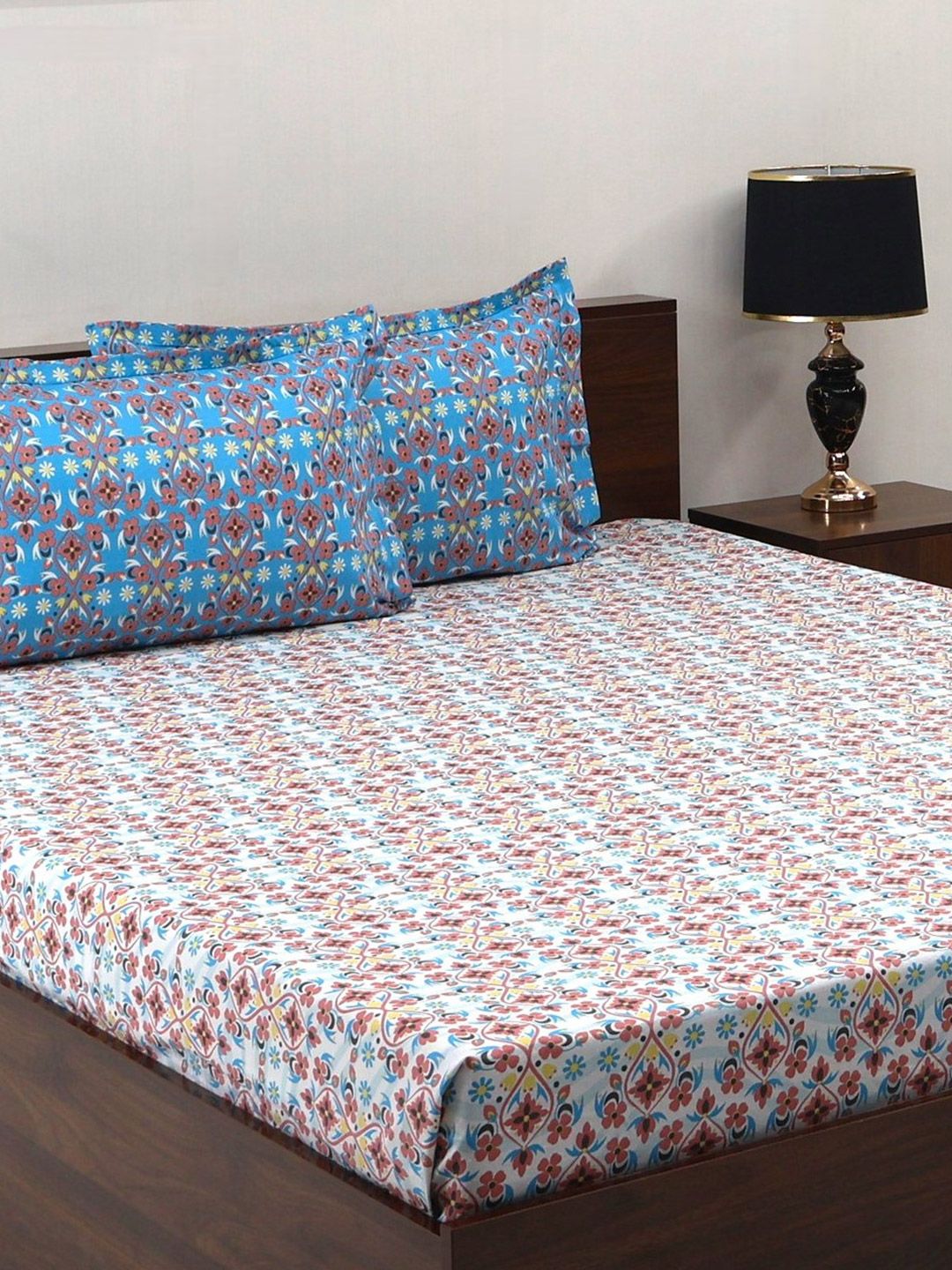 BOMBAY DYEING Blumen Blue Floral 104 TC Cotton Queen Bedsheet Set-2.24 m X 2.54 m