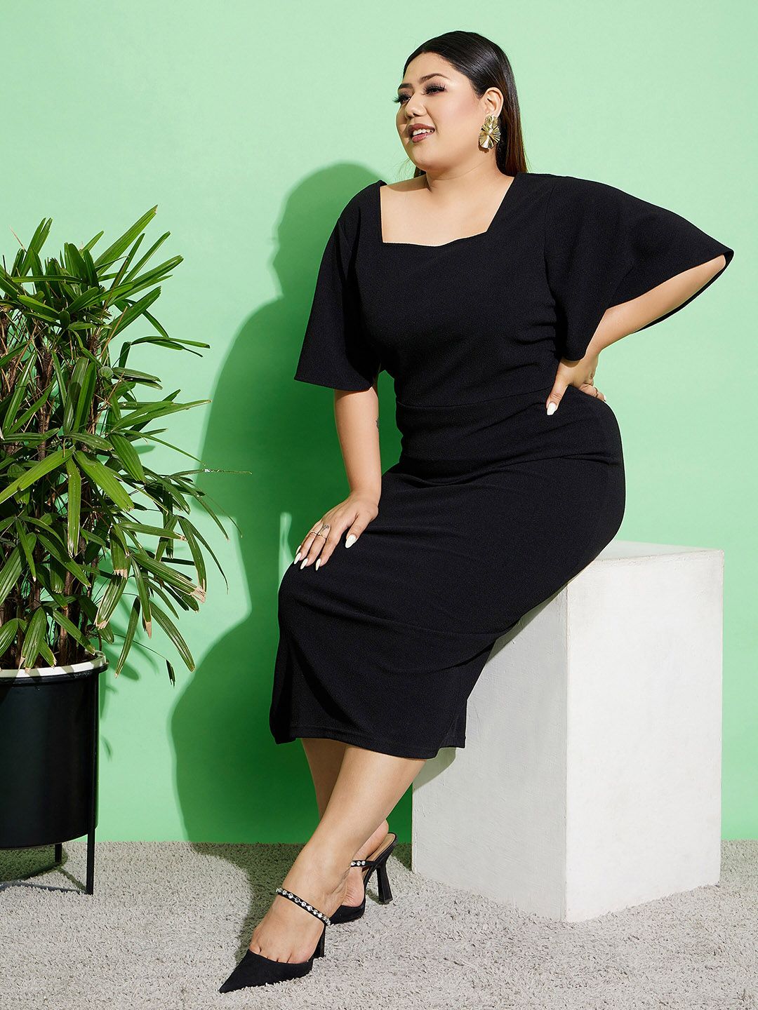 SASSAFRAS Curve Plus Size Square Neck Flutter Sleeves Bodycon Midi Dress