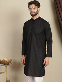 Anouk Motif Etnik Hitam Bersulam Kolar Mandarin Kurta Lurus Kapas Tulen