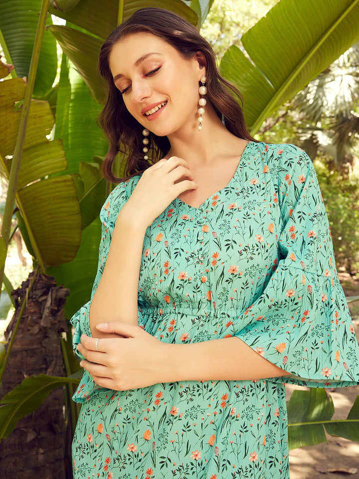 STREET 9 Green & Orange Floral Printed A-Line Maxi Dress
