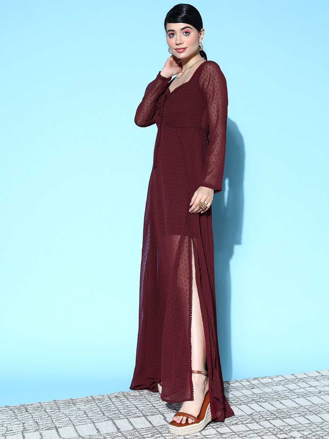 Berrylush Burgundy Swiss Dot Tied Dobby Georgette Mesh Maxi Dress
