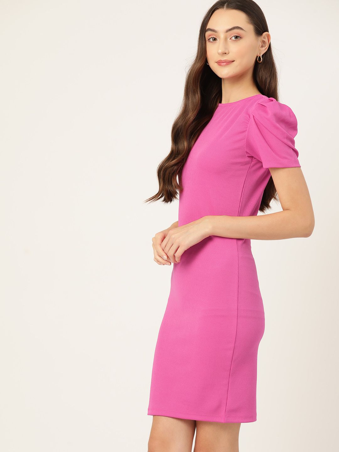 DressBerry Ribbed Detail Puff Sleeves Bodycon Mini Dress