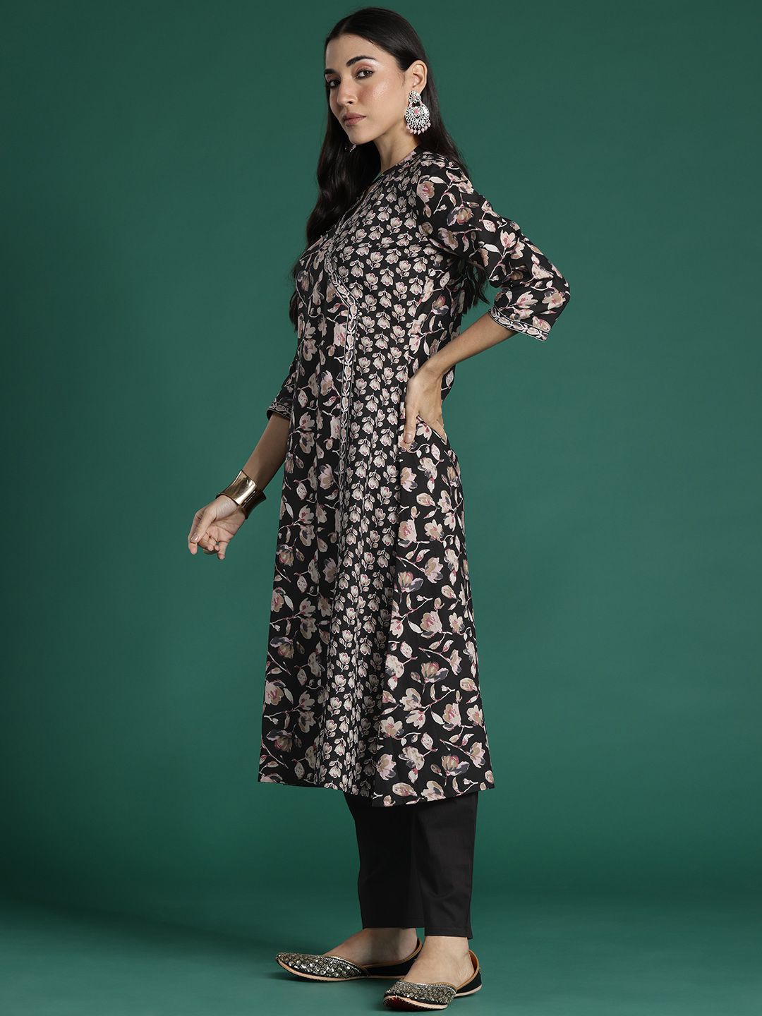 Indo Era Women Floral Printed Angrakha Pure Cotton Kurta with Trousers & With Dupatta
