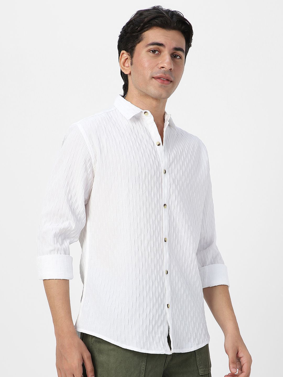 Urbano Fashion Men Spread Collar Textured Cotton Casual Shirt