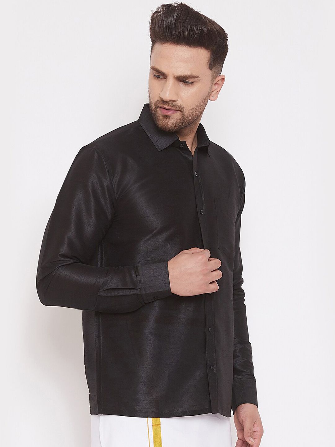 VASTRAMAY Men Black Regular Fit Solid Ethnic Shirt