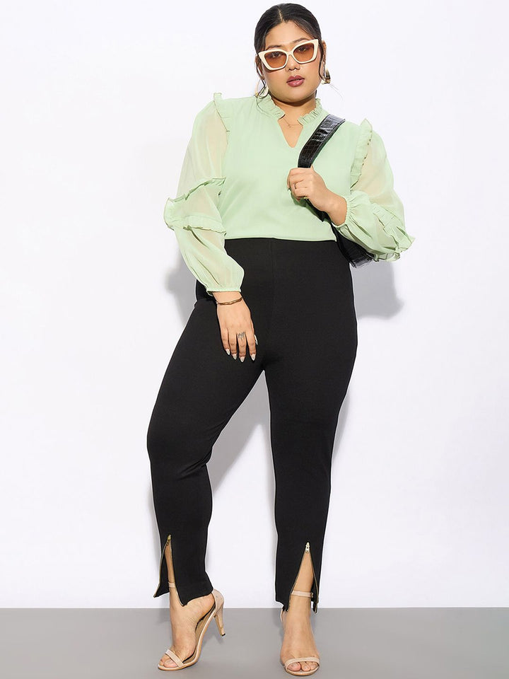 SASSAFRAS Curve Women Plus Size Black Slim Fit Zip Detail Regular Trousers