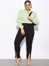 SASSAFRAS Curve Women Plus Size Black Slim Fit Zip Detail Regular Trousers