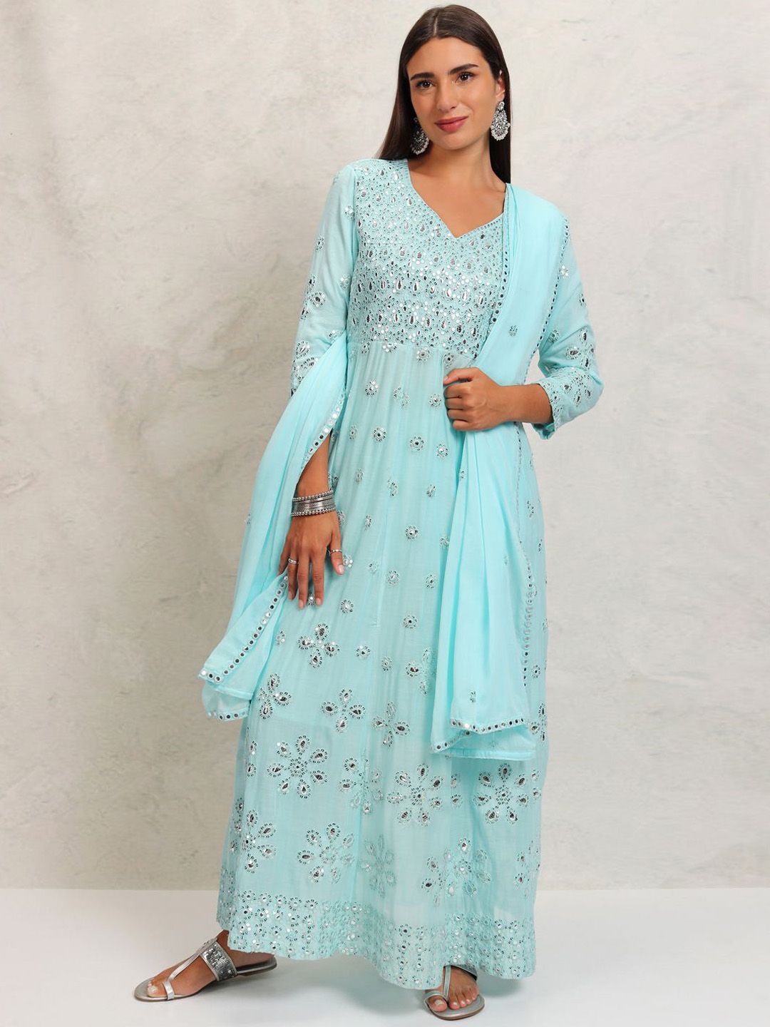 Vishudh Blue Embroidered Mirror Work Pure Cotton Anarkali Kurta With Trousers & Dupatta