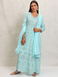 Vishudh Blue Embroidered Mirror Work Pure Cotton Anarkali Kurta With Trousers & Dupatta