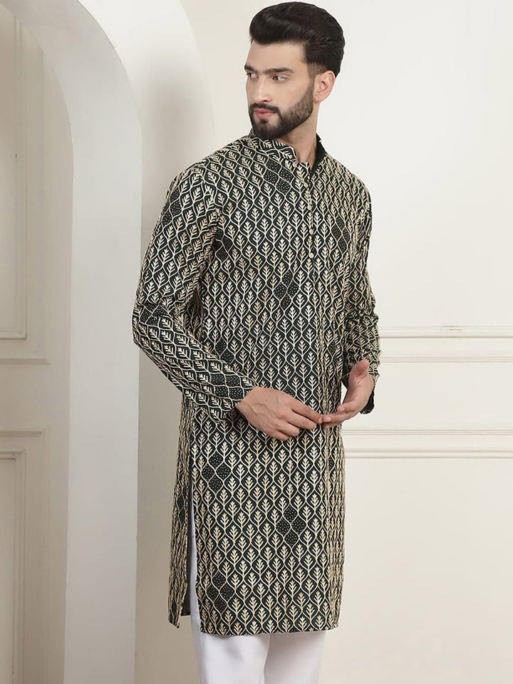 SOJANYA Kolar Mandarin Sulam Bunga Pure Cotton Kurta Lurus