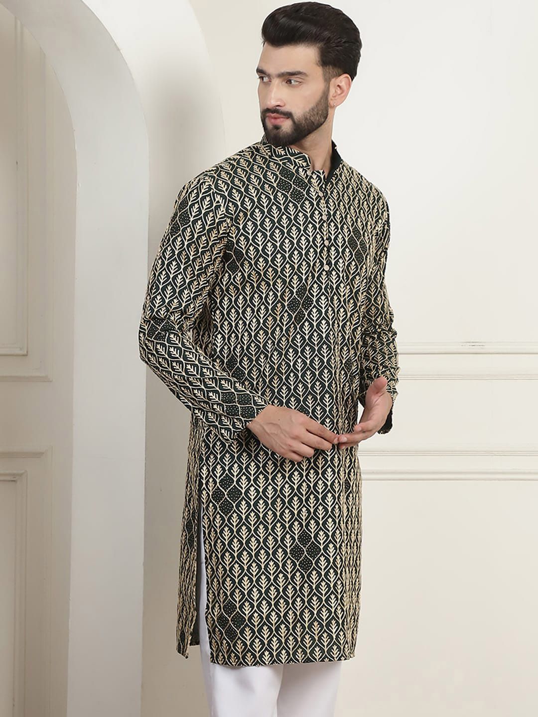 SOJANYA Kolar Mandarin Sulam Bunga Pure Cotton Kurta Lurus