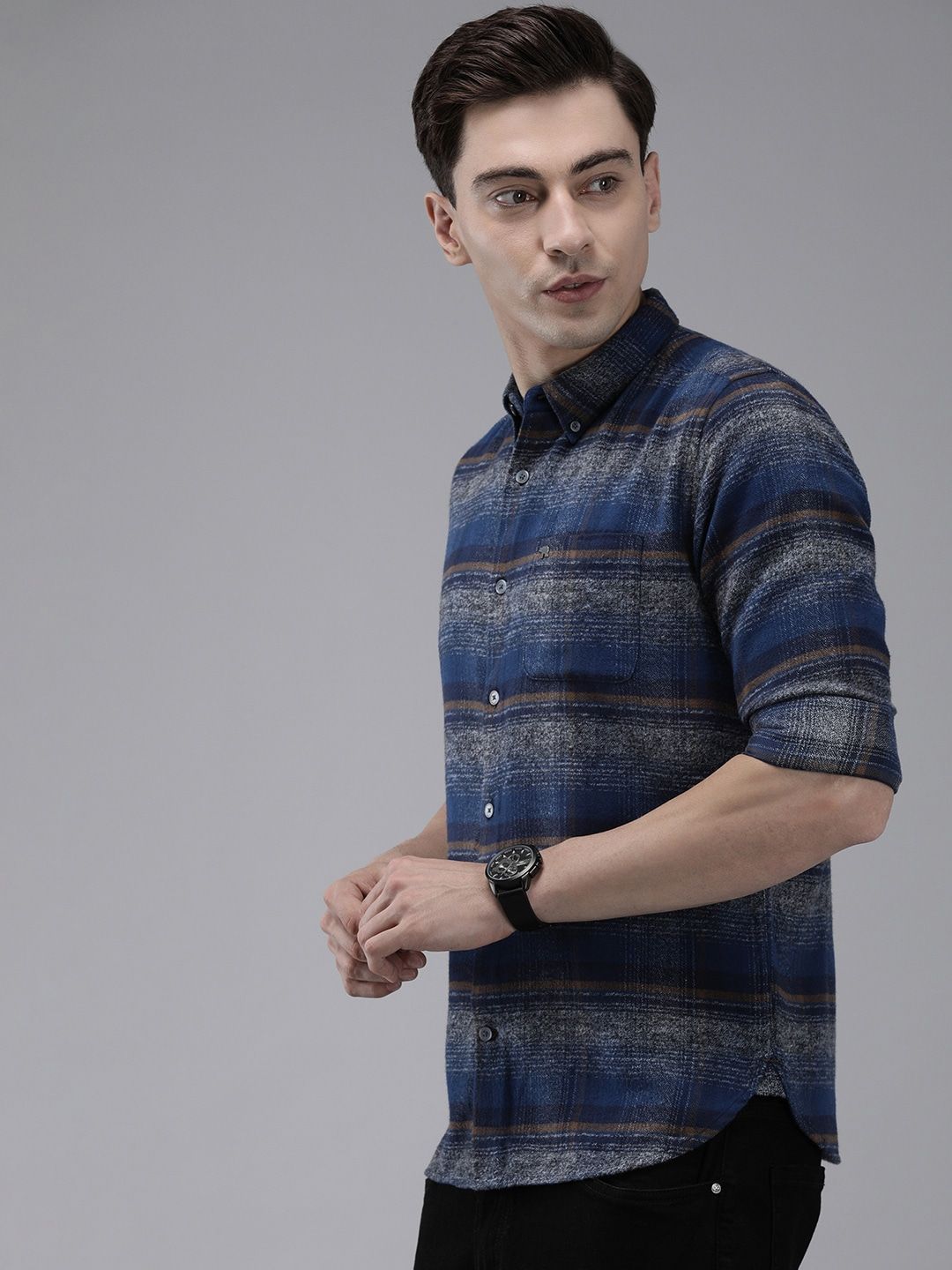 THE BEAR HOUSE Men Navy Blue Slim Fit Tartan Checked Flannel Pure Cotton Casual Shirt