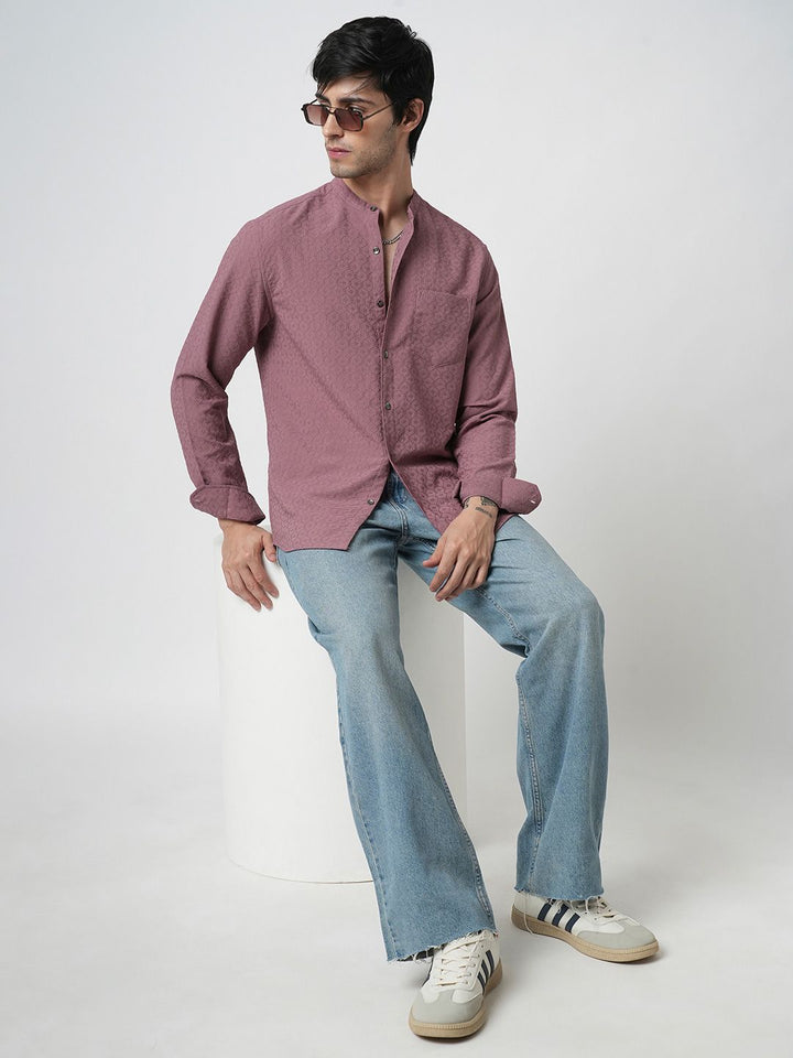 VASTRADO Men Classic Band Collar Textured Slim Fit Casual Shirt