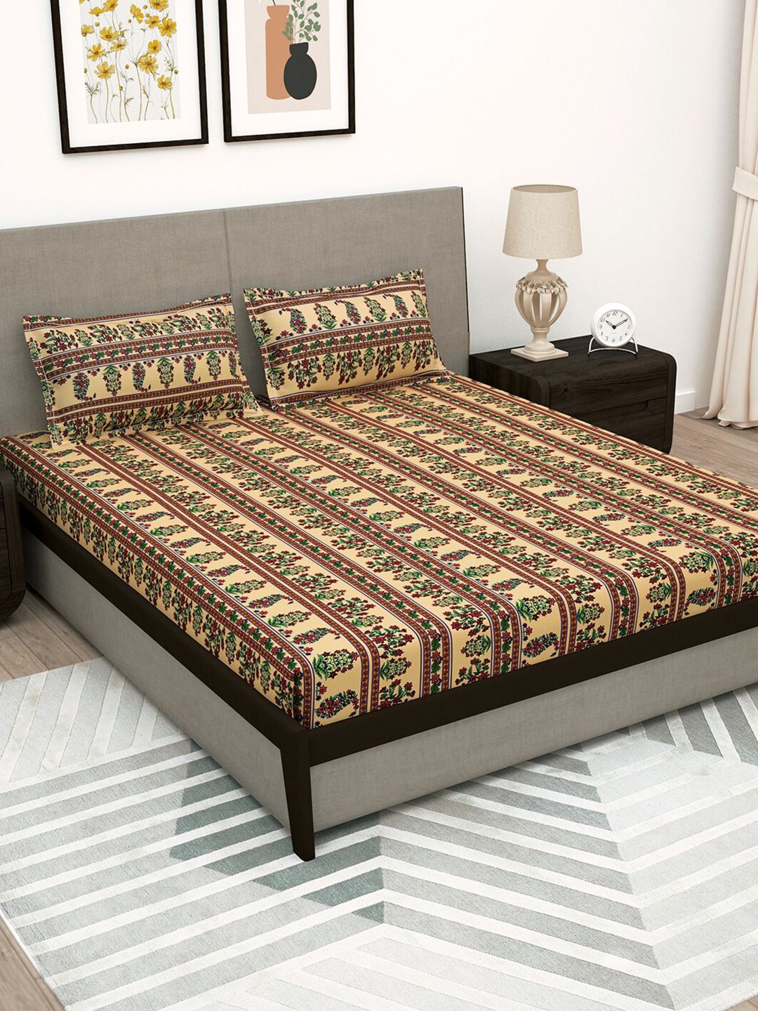 Story@home Beige & Red Ethnic Motifs 180 TC Flat Queen Bedsheet with 2 Pillow Covers