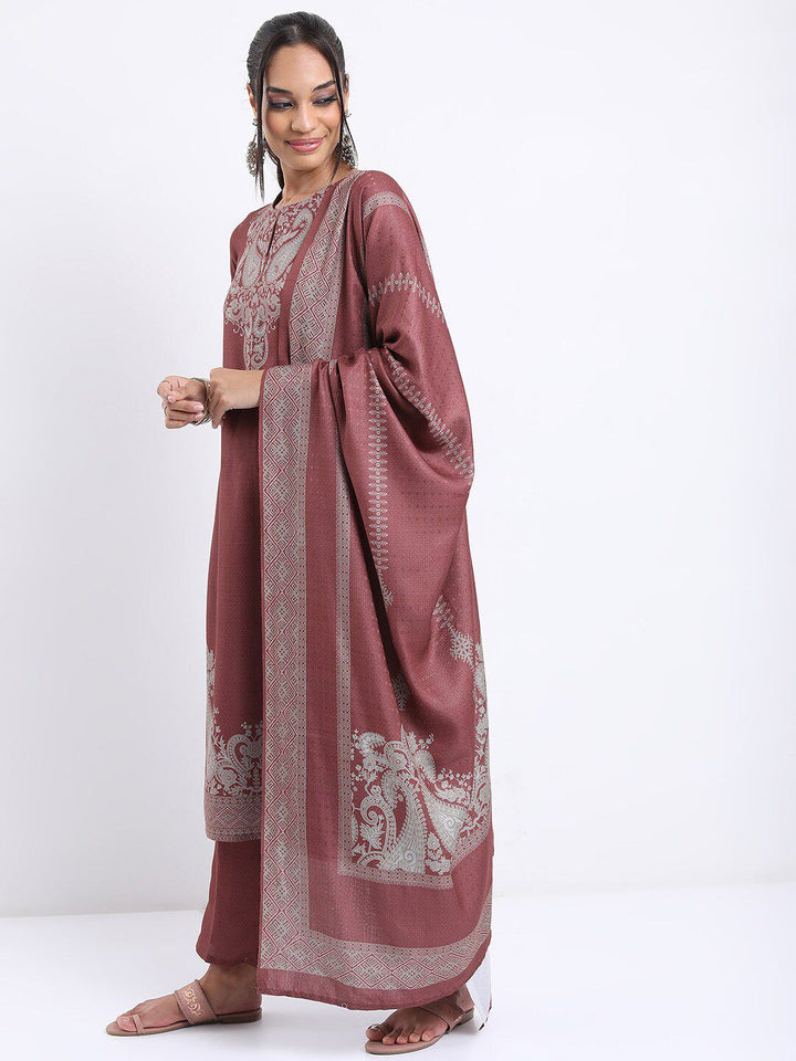 Vishudh Brown Ethnic Motifs Printed Regular Kurta with Trousers & With Dupatta