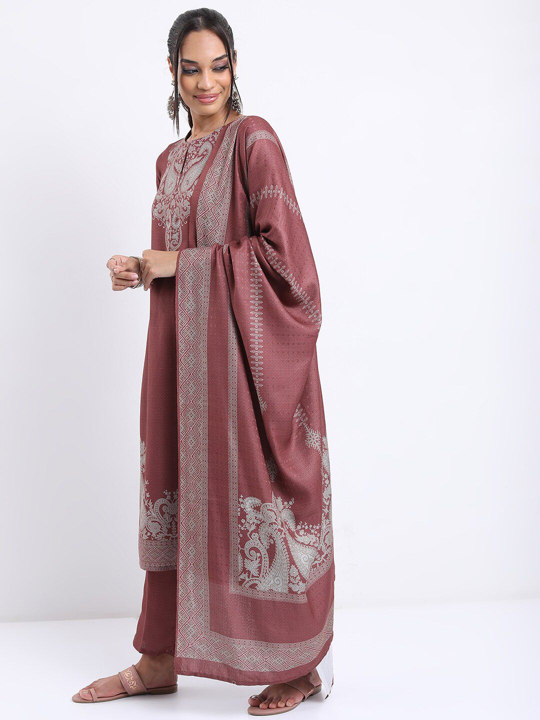 Vishudh Brown Ethnic Motifs Printed Regular Kurta with Trousers & With Dupatta