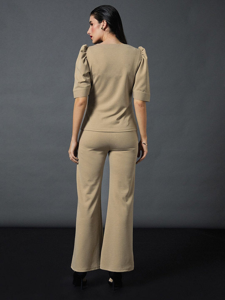 SASSAFRAS worklyf Brown Puff Sleeves Top & Trousers Co-Ords