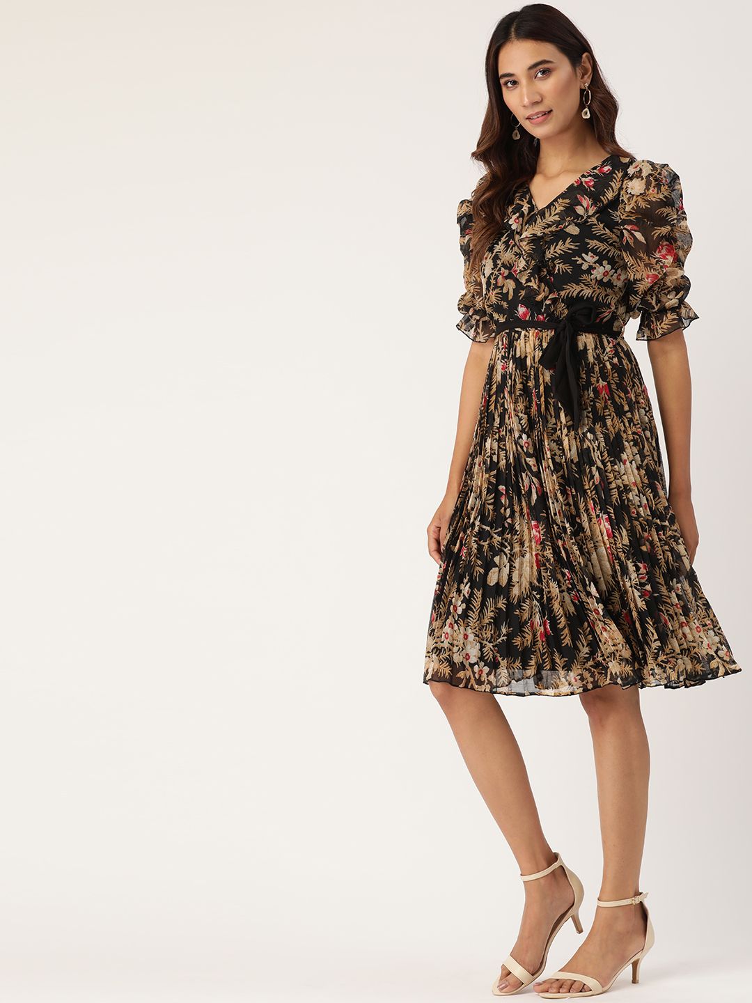 Antheaa Black & Beige Floral Printed Accordion Pleated Wrap Dress With Belt