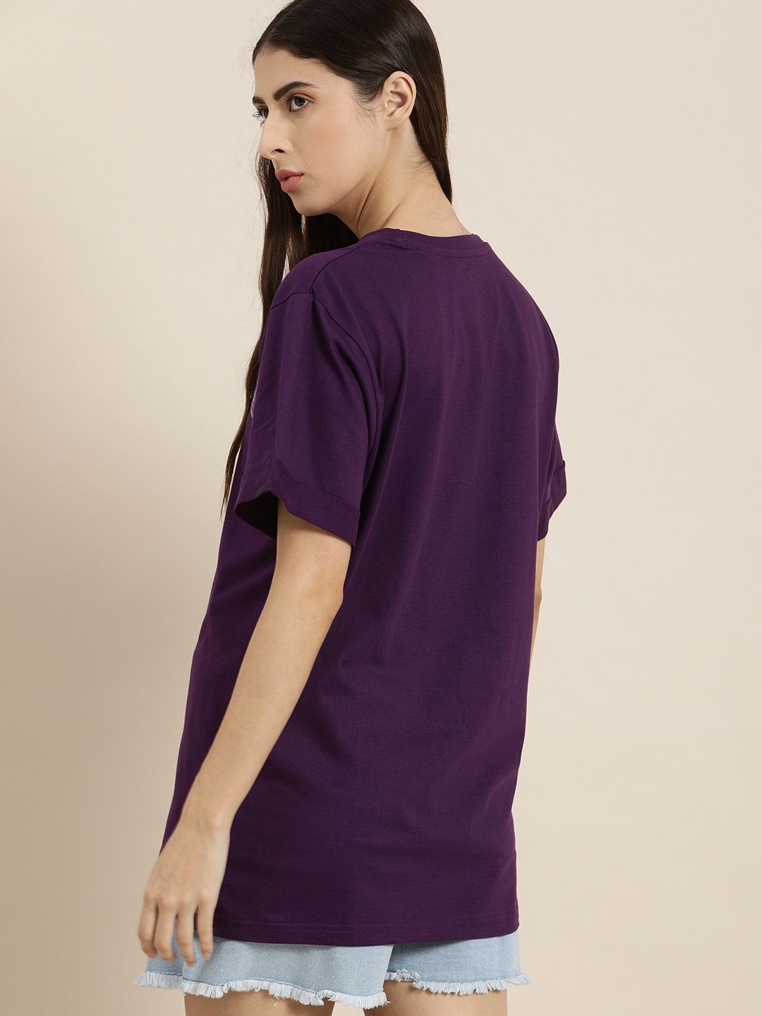 DILLINGER Women Purple Typography Printed Drop-Shoulder Sleeves Oversized Pure Cotton T-shirt