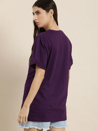 DILLINGER Women Purple Typography Printed Drop-Shoulder Sleeves Oversized Pure Cotton T-shirt