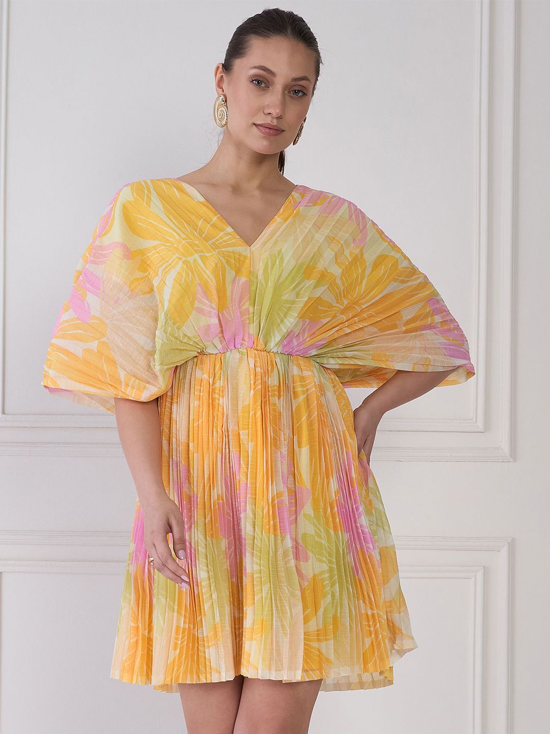 Antheaa Yellow & Pink Floral Print V-Neck Extended Sleeves Chiffon Fit & Flare Dress