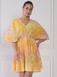 Antheaa Yellow & Pink Floral Print V-Neck Extended Sleeves Chiffon Fit & Flare Dress