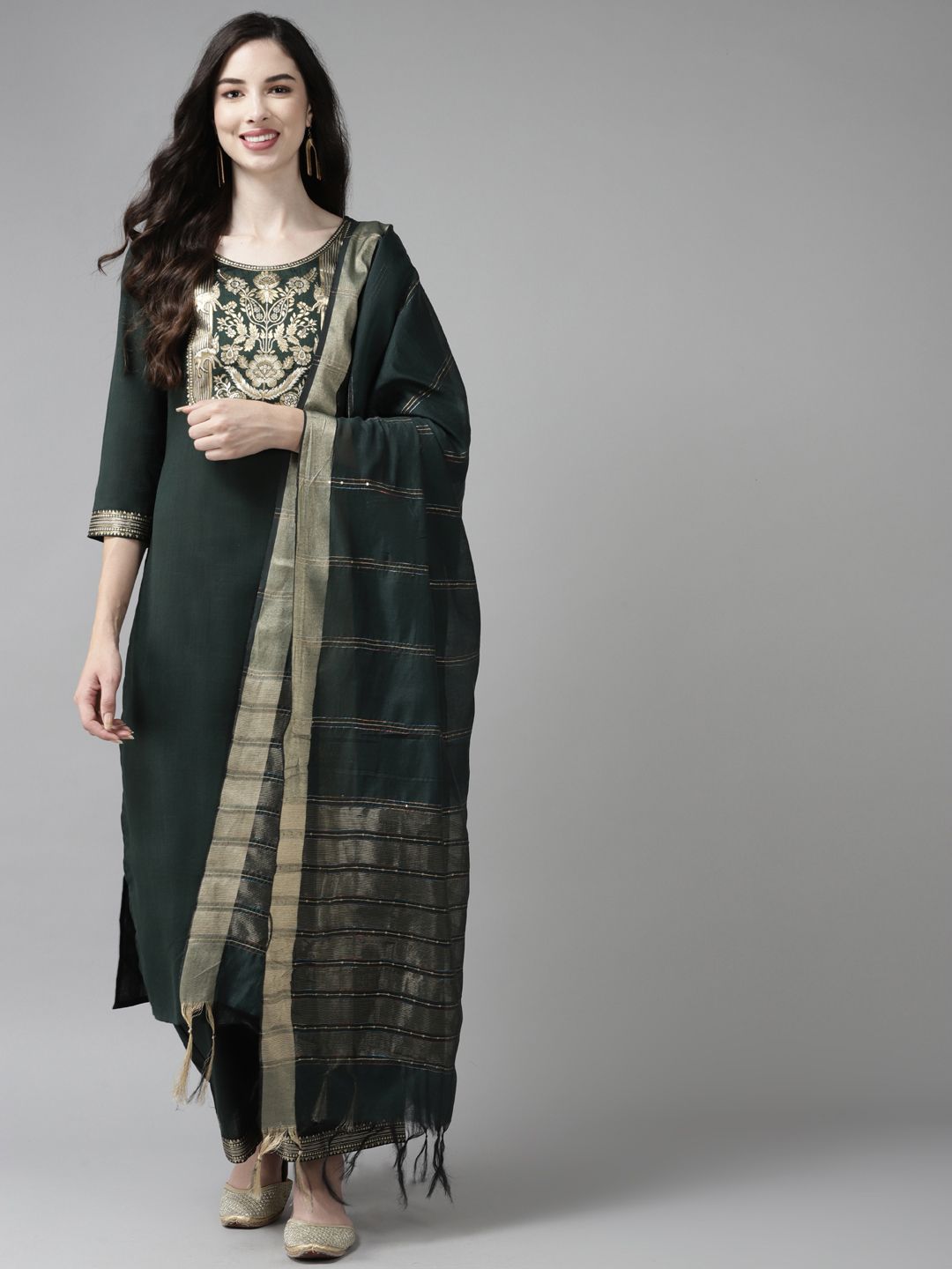 Indo Era Women Green Yoke Design Regular Kurta with Palazzos & Dupatta