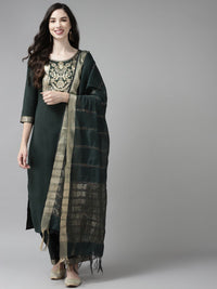 Indo Era Women Green Yoke Design Regular Kurta with Palazzos & Dupatta