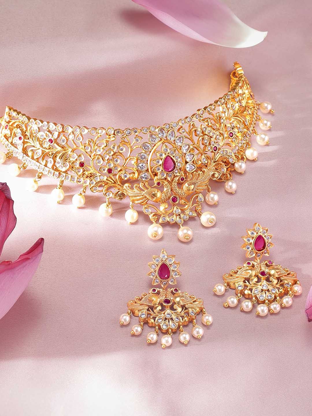 22K Gold Plated Ruby Pink & CZ Studded Pearl Beaded Traditional Choker Jewellery Set