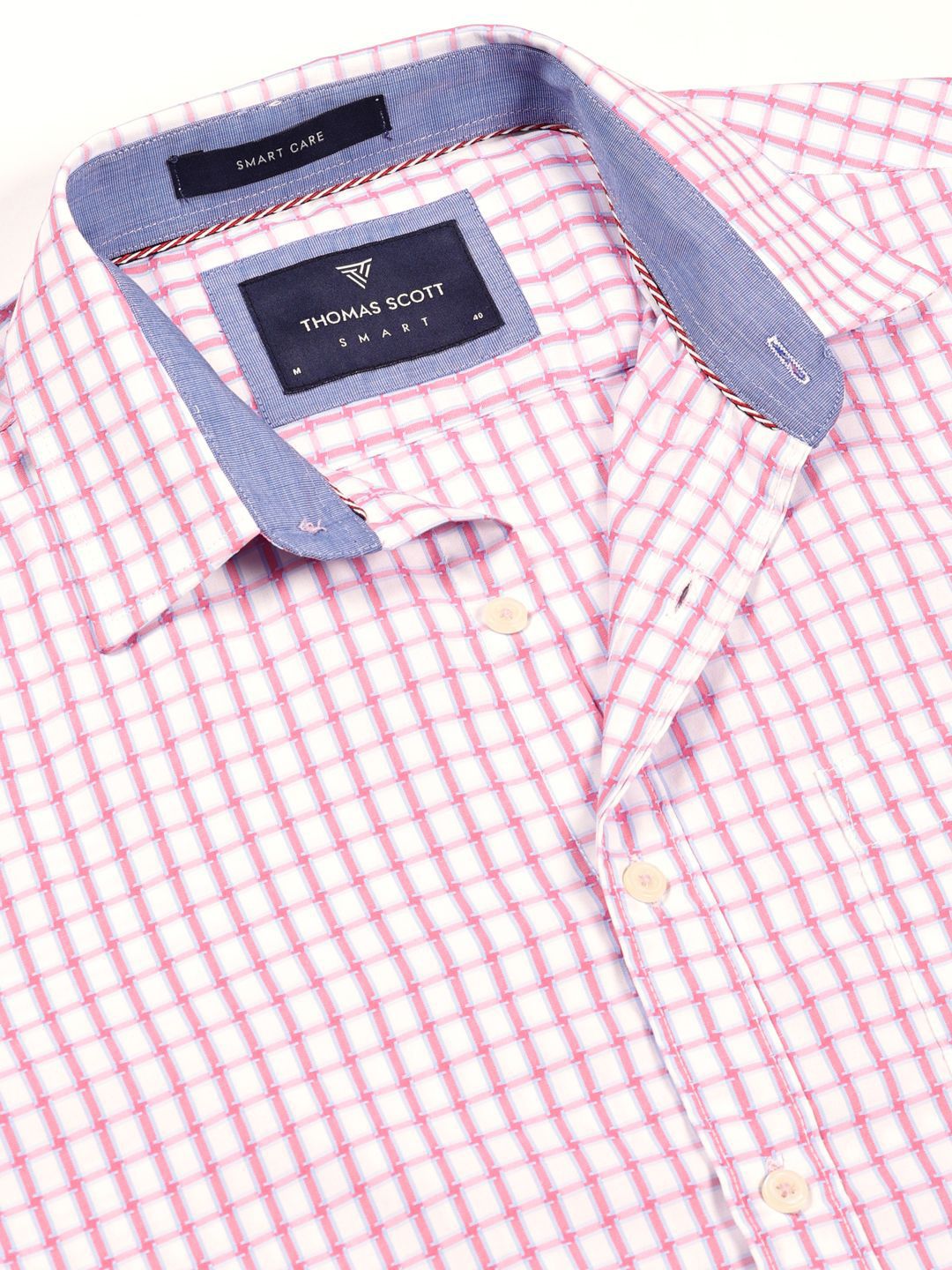Thomas Scott Men Smart Spread Collar Gingham Checked Cotton Formal Shirt