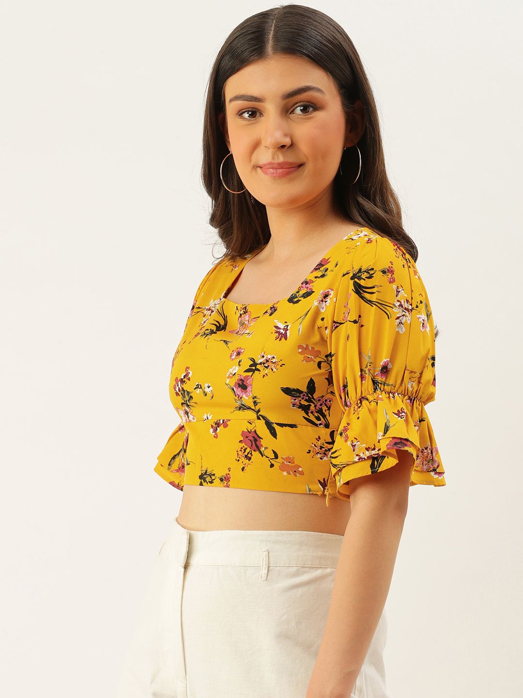 Berrylush Yellow Floral Printed Crepe Crop Top